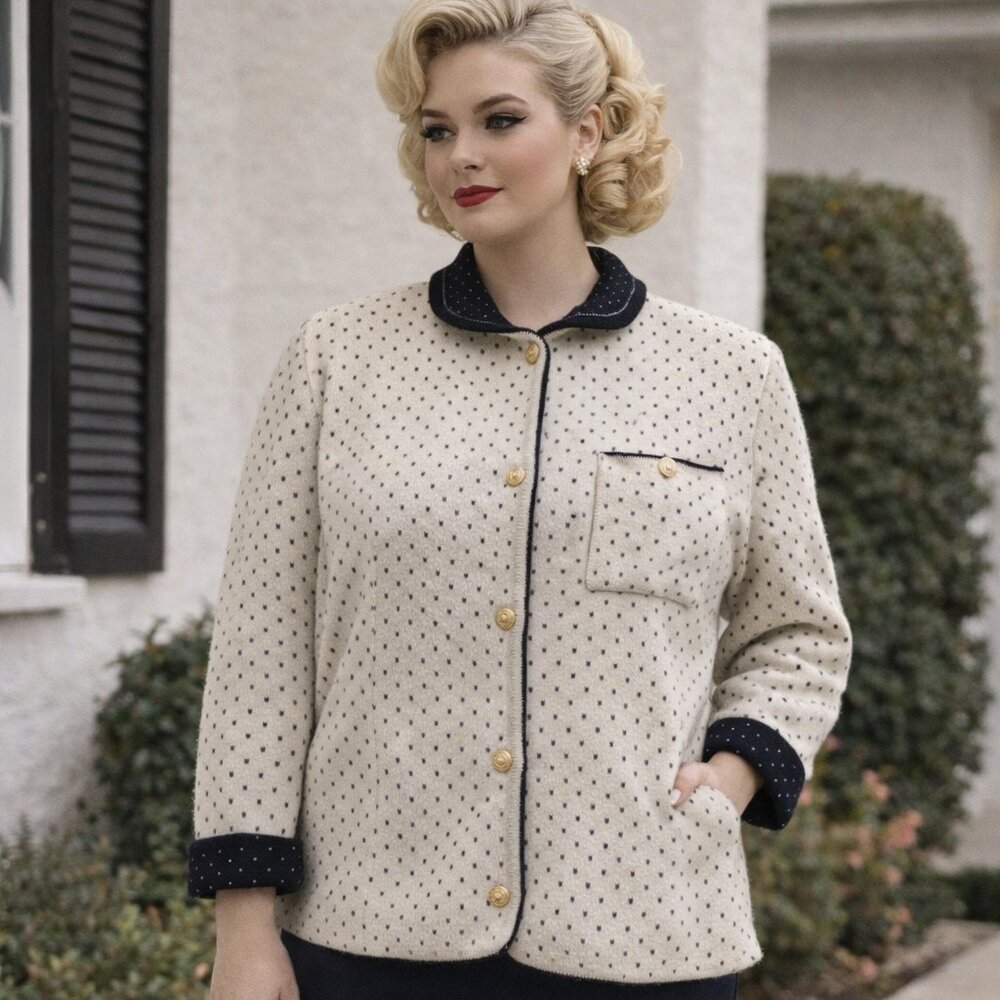 Vintage 50’s Style Marino Wool Blazer Sweater– Polka Dot –